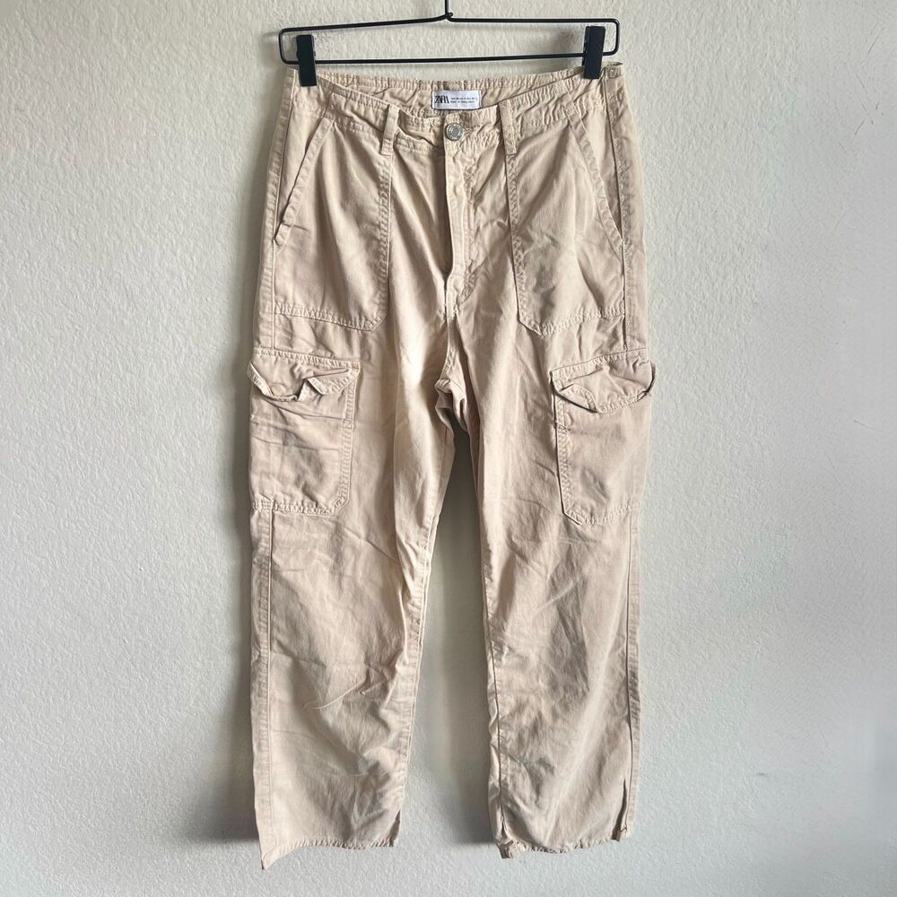 ZARA Beige Khaki Utility Cargo Wide Leg High Rise Pants Womens 6